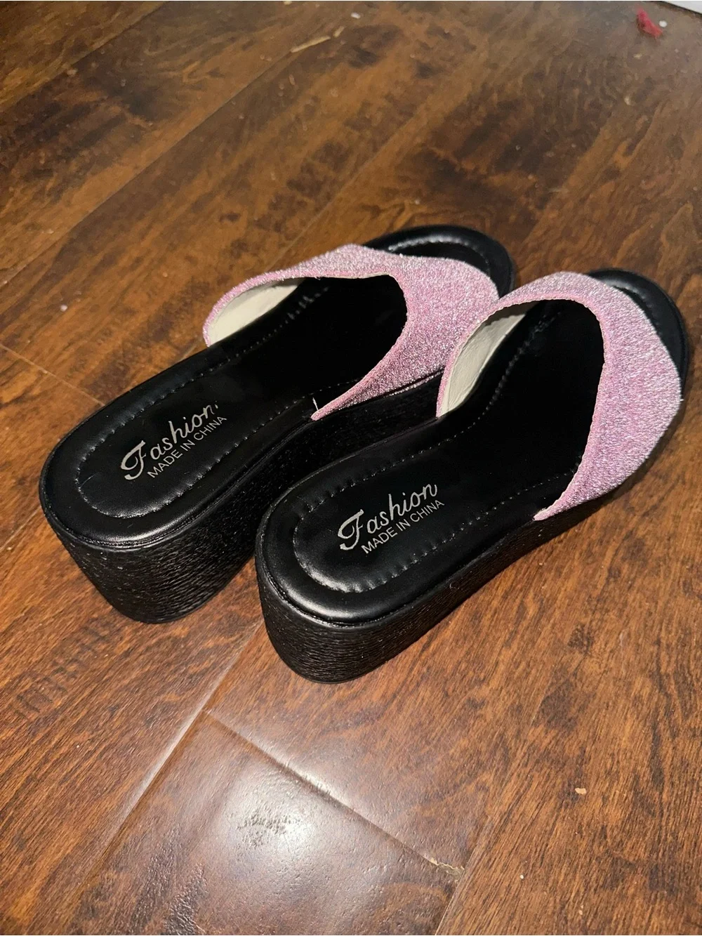 Women's Pink Glitter Platform Slide Sandals - Comfortable Black Sole